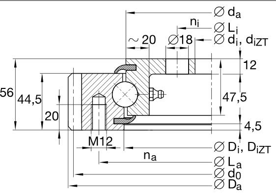 VLA200944-N Four point contact slewing ring bearing external gear teeth,inner ring flanged 834x1046.1x56mm