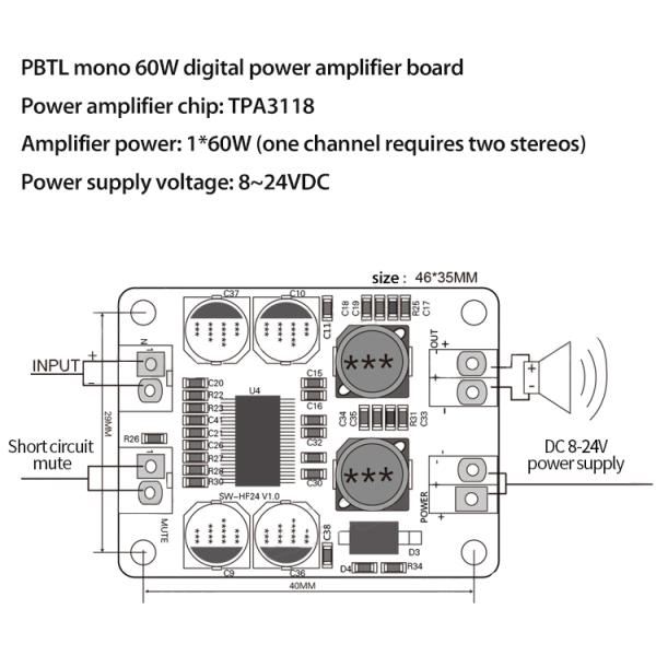 Tpa3118 1X60W 12-24V PBTL Mono Class D Digital Power Amplifier Board для аудиомодуля
