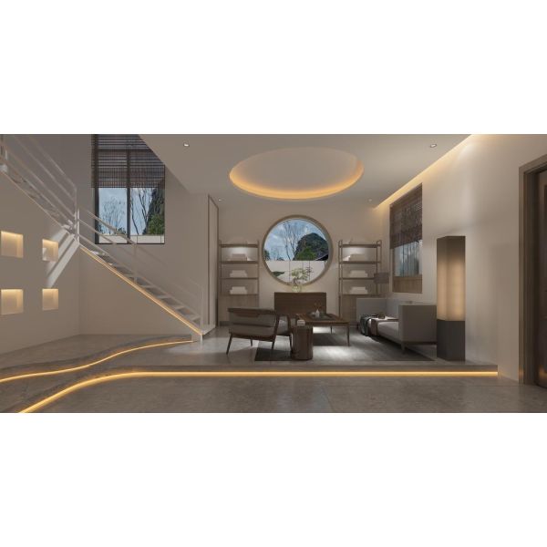MODERN ZEN-INSPIRED SPACE BLENDS SOFT AMBIENT LIGHTING, NATURAL WOOD TEXTURES, AND FLOWING STONE PATHWAYS. THE CIRCULAR WINDOW AND NEUTRAL TONES CREATE A SERENE ATMOSPHERE