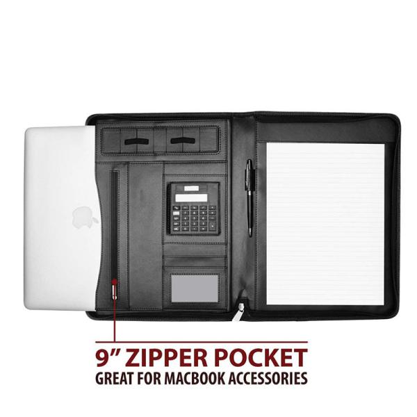 Faux Leather Business Portfolio Folder Classic Black With Solar Calculator