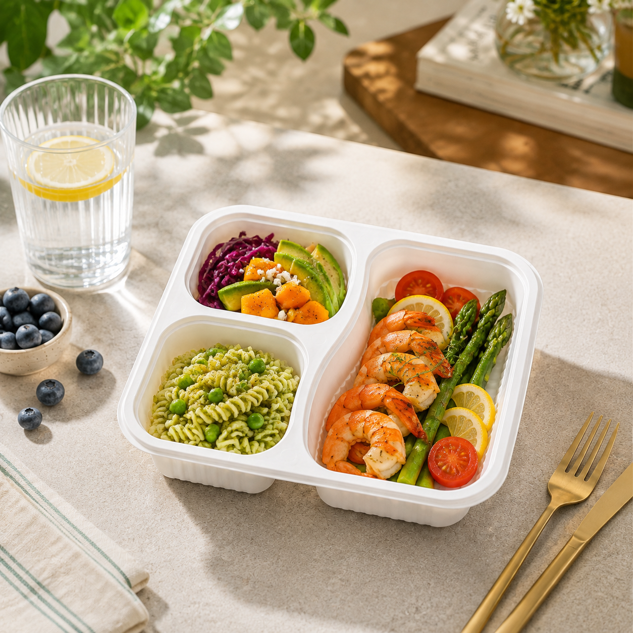 Three Compartment Snap Lock Bowls Meal Tray with Tamper Evident Yellow Lid
