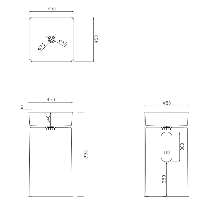 Matte Black Square Corner Pedestal Sink Artificial Solid Stone Washbasin