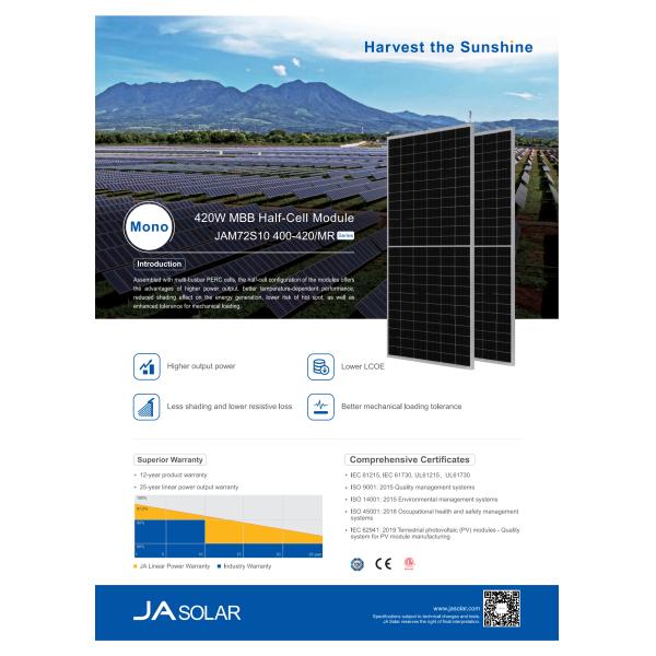 JA 400W-420W Half-cell Mono Solar Panel Portable Generator JAM72S10 MR for Your Benefit