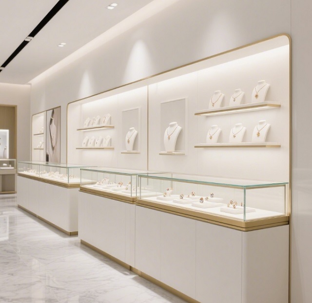 Wall-Mounted High Quality Jewelry Display Counter for Retail Store Mall | Cream Body Brushed Gold Trim | Glass Showcase LED