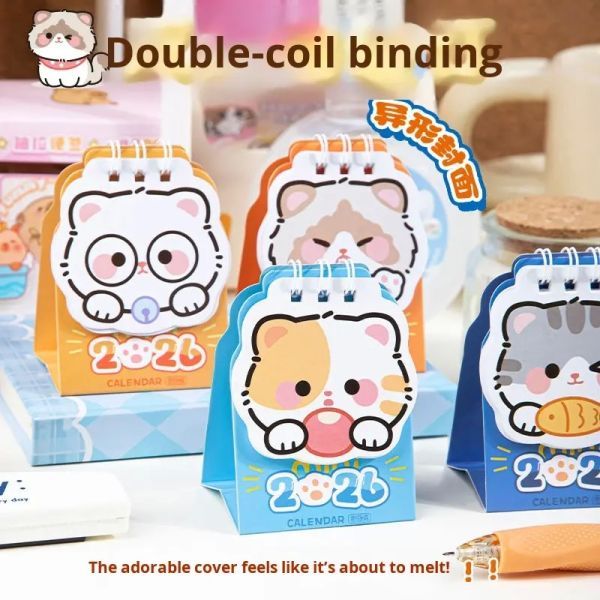 Cute Cat Cartoon Small Desk Calendar 2026 Creative Irregular Shape Mini Standing Desktop Calendar Student Gift Office Decor