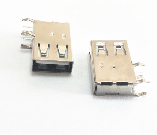 Copper USB Male Female Connector  ,  90 Degree Bend Foot Flat Mouth Side Insert Long Body Belt Back Plug