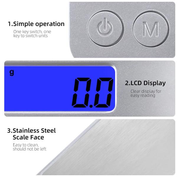 Escala de cocina digital 3kg/0.1g 500g/0.01g,1kg/0.1g,2kg/0.1g,3kg/0.1g Acero inoxidable LCD eléctrico electrónico gramo