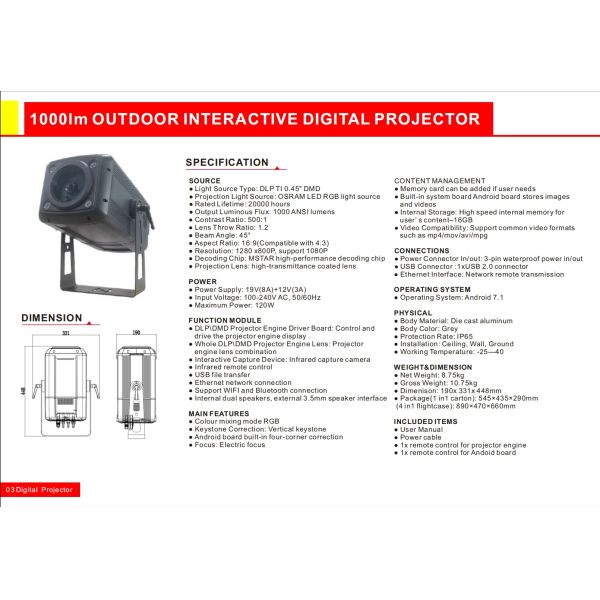1000LM OUTDOOR INTERACTIVE DIGITAL PROJECTOR WITH EDGE BLENDING