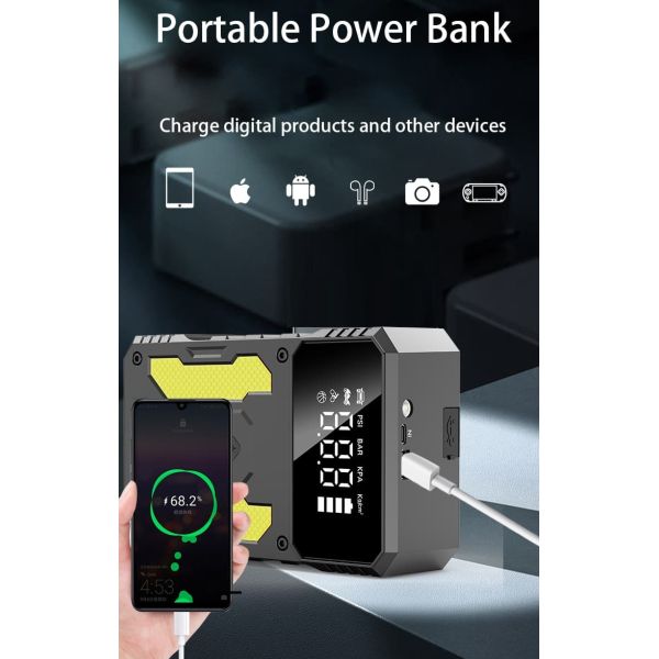 Mini Portable Car Jump Starter With Digital Air Compressor And USB Fast Charge
