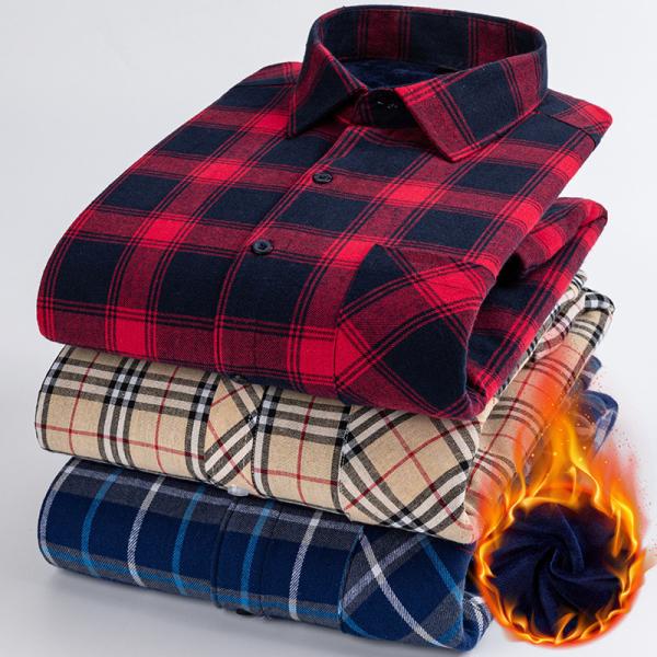 Thickened Fleece Viscose/Polyester/Spandex Plaid Shirt for Men's Office Causal Look