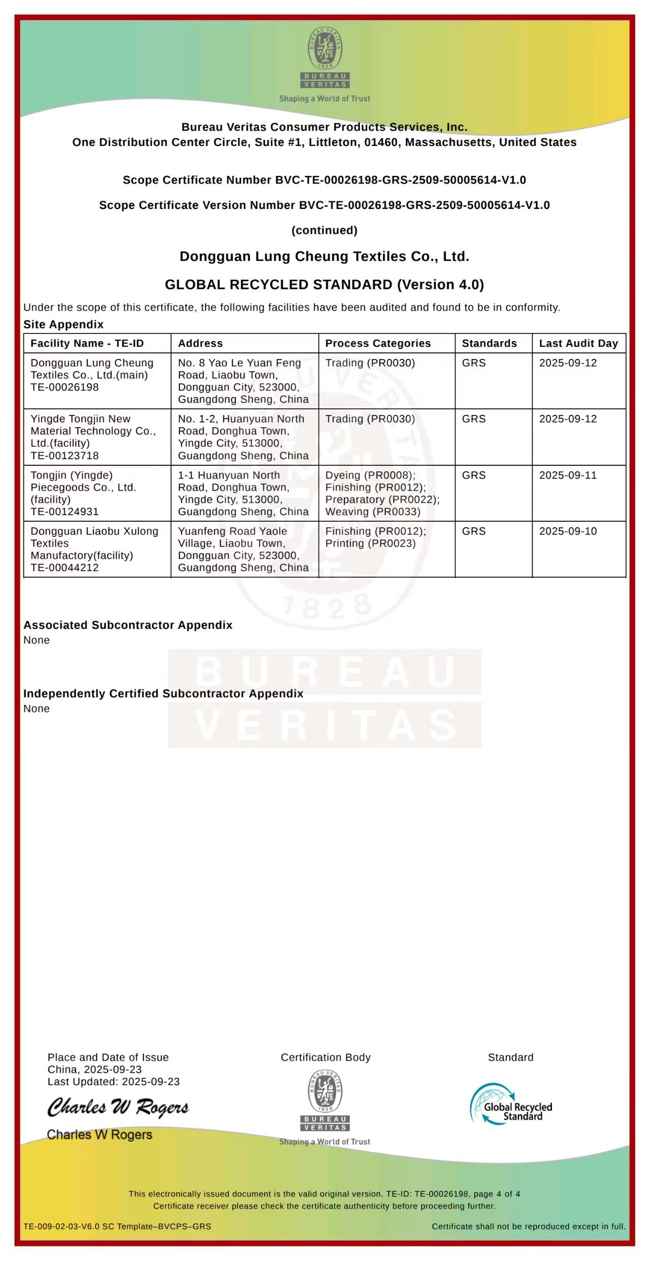 Dongguan Longxiang Textile Products Co., Ltd. Certifications
