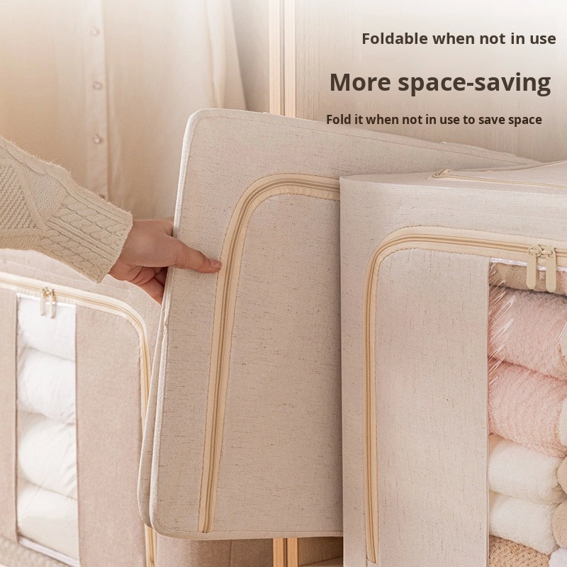 Modern Cotton Linen Clothing Storage Box with Steel Frame Foldable Quilt Down Jacket Organizer Fabric Storage Box