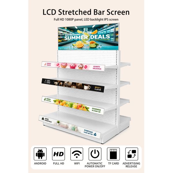 MJK 4K LCD Stretched Bar Digital Poster Advertising Display with Animation 23.6 Inch Built-In CMS Retail Shelf Monitor Strip