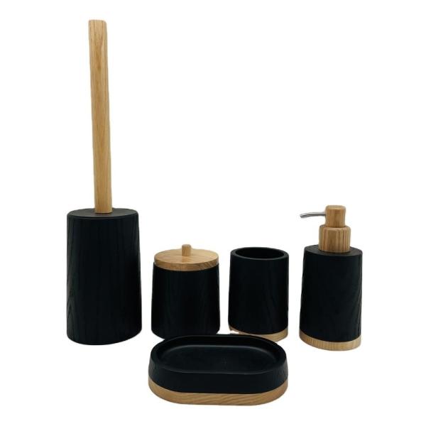 Black Wood Print Polyresin Bathroom Accessory Set With Stripe Pattern