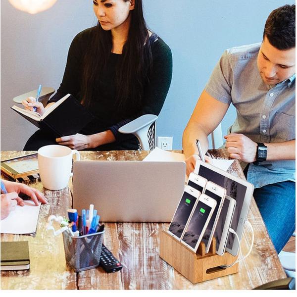 Cable Management Wooden Phone Charging Station Bamboo Box Holder