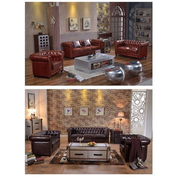 Nidea #8907 High Quality American Retro Chocolate Brown Chesterfield Leather Modern Sectional Couch 3 Seater Living Room Sofa Set Furniture