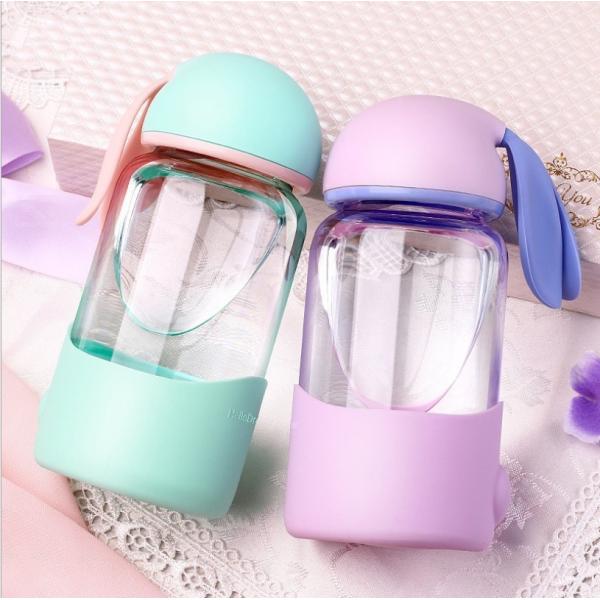 340ml Kids Rabbit Shaped Gift Unbreakable Glass Water Bottle With Silicone Sleeve