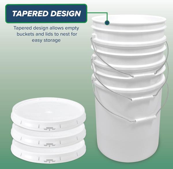 5 Gallon White Bucket & Lid - Durable 90 Mil All Purpose Pail - Food Grade - BPA Free Plasti (5 Gal. W/Lids - 6pk)
