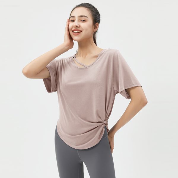 Women's Loose Fit Athletic Yoga Top Short Sleeve with Crisscross Neckline Side Knot