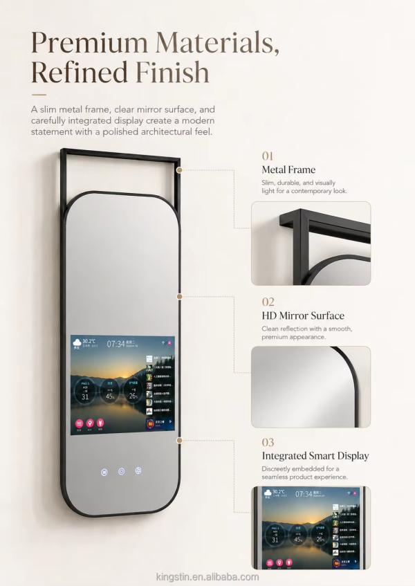 Kingstin Architectural Stainless Steel Smart TV Bathroom Mirror for Hotels, Custom Frame Color