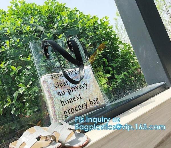Custom Transparent Gift Pvc Tote Shopping Bag, reflective pvc shopping women's bag, shinny PVC harrods shopping bag, pac