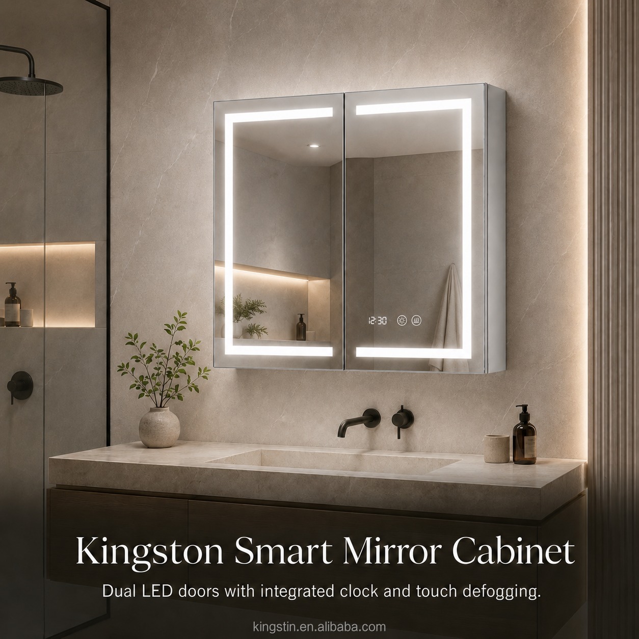 Kingstin Custom LED Bathroom Mirror Cabinet Aluminum Smart Medicine Cabinet with Defogger Clock Touch Light