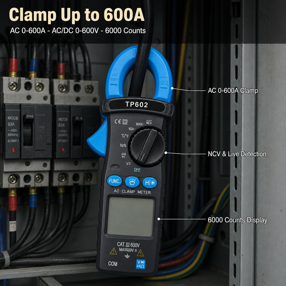 True RMS Clamp Meter NCV Detection CAT III Clamp Multimeter 600A AC Digital Tester for Industrial Maintenance