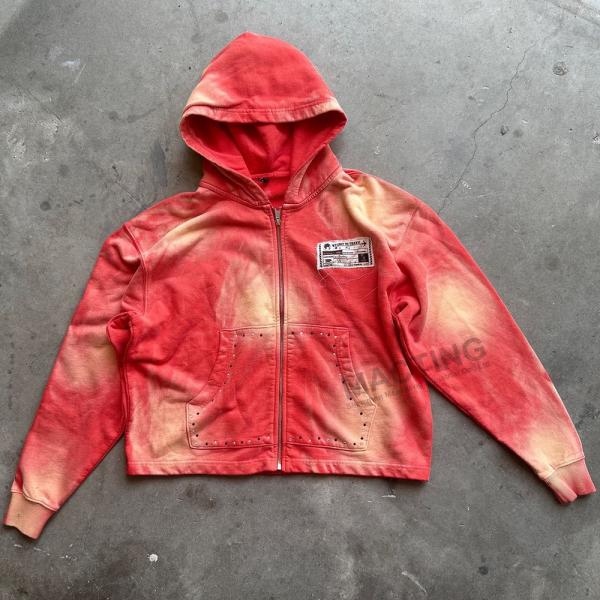 Vintage Sun Faded Acid Wash Tracksuits Custom Rhinestone Distressed Hoodie And Sweatpants Set