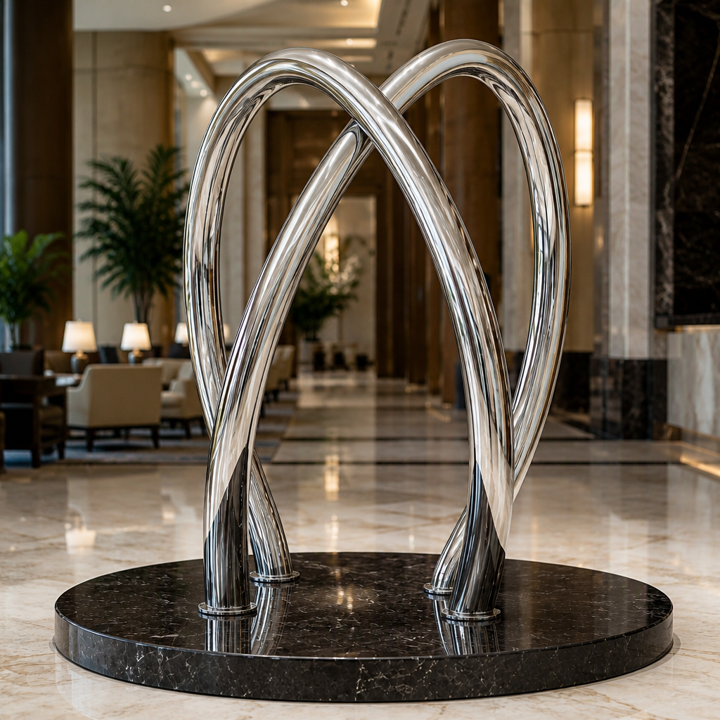 Mirror Polished Stainless Steel Double Arch Tube Sculpture, Modern Abstract Art Decor