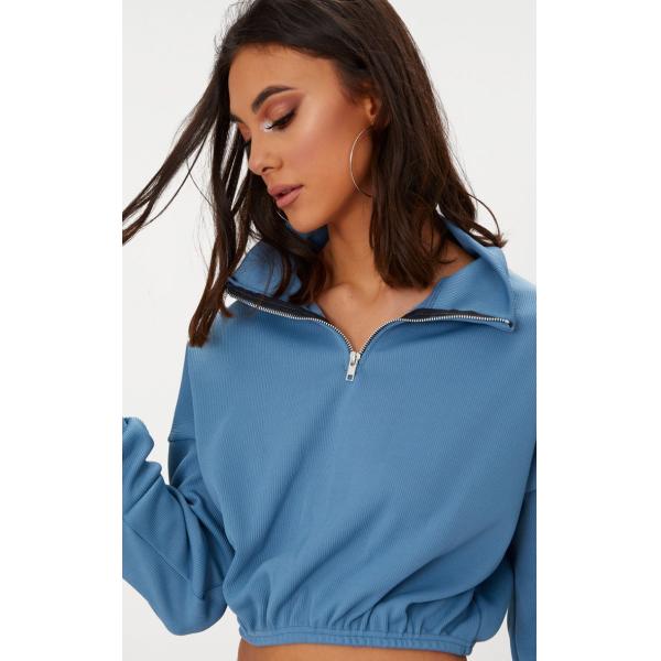 Zip front crop sweater long sleeves blue
