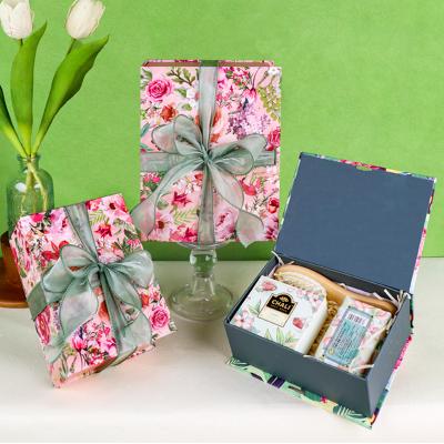 Floral Rigid Gift Box Hinged Cosmetic Paper Packaging Box Pink With Sage Green Ribbon