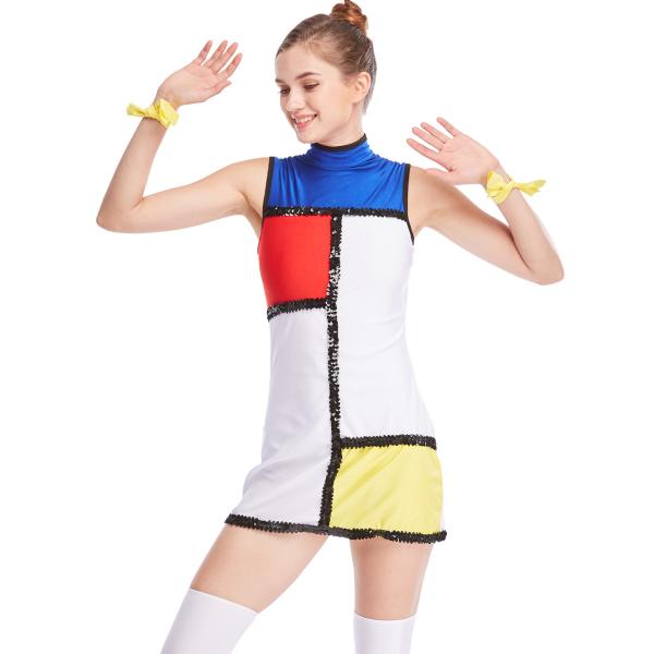 Charactors Costume Modern A-Line Blocks Colors Contrast Sequins Trimmed Jazz Dance Dress Performance Fashion Dress