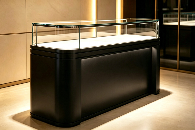 Custom Curved Tempered Glass Stainless Steel Jewelry Display Counter with Lockable Storage for Luxury Jewelry Stores
