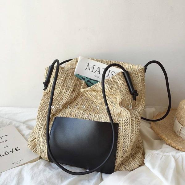 Women's Personalized Casual Tote with Two Handles/Straps Summer Sea Beach Trim Raffia Bag