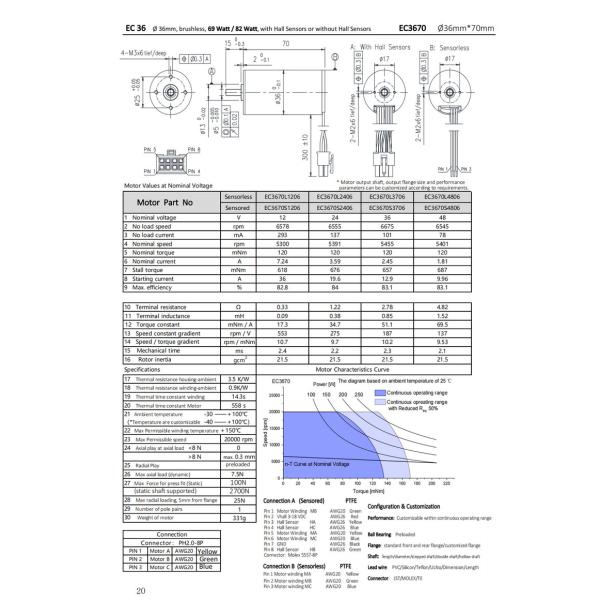 36mm Slotless Brushless Motor Cogging Free 48V BLDC Motor 82W 6675rpm