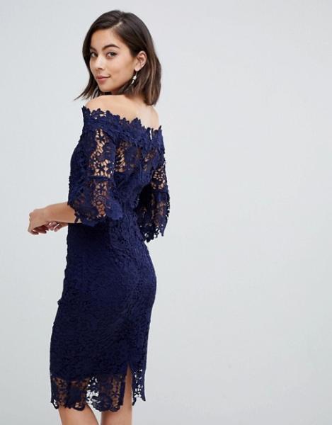 custom make off shoulder  frill sleeve navy crochet dress