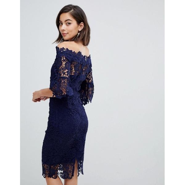 custom make off shoulder  frill sleeve navy crochet dress