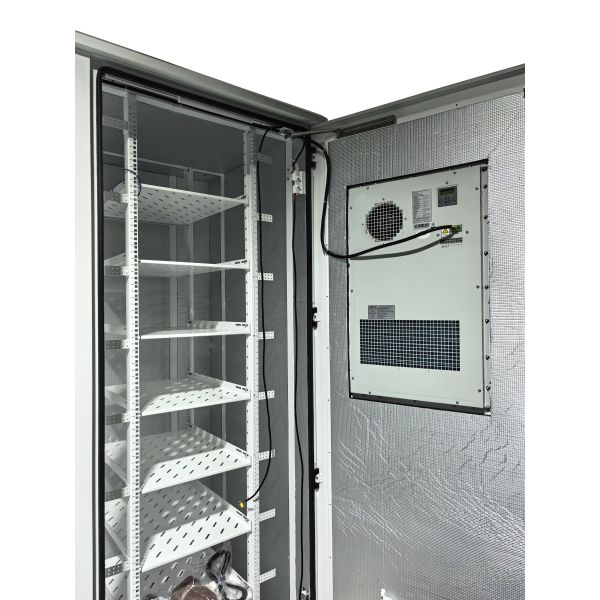 Dual 48U Outdoor Integrated Cabinet, 1500W Air Conditioner, LED Light, Aerosol Fire Suppression System and Door Sensor