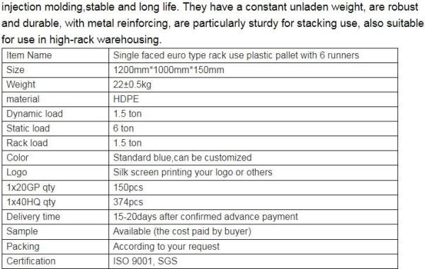 Light weight one time plastic pallets for transport and storage, Heavy duty cross bottom plastic pallet with 6 runners