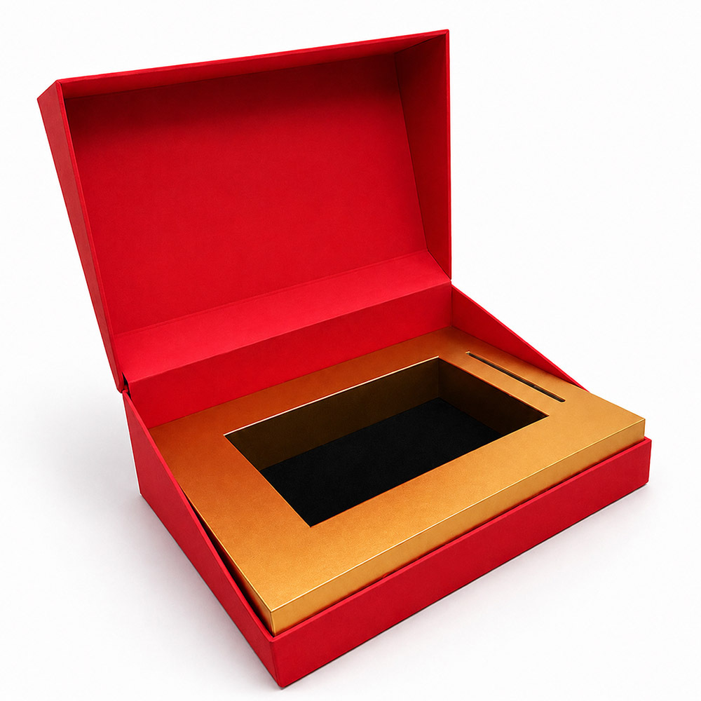 Custom Red Soft Touch Flip Gift Box with EVA Gold Card Insert