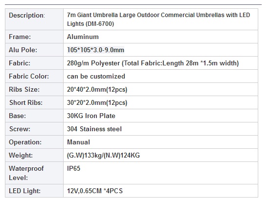 7м сильный ветер гигантский экстра большой наружный патио зонтик с светодиодными огнями