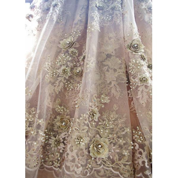 120cm Wide 3D Flower Lace Fabric , Polyester Bridal Metallic Gold Lace Fabric