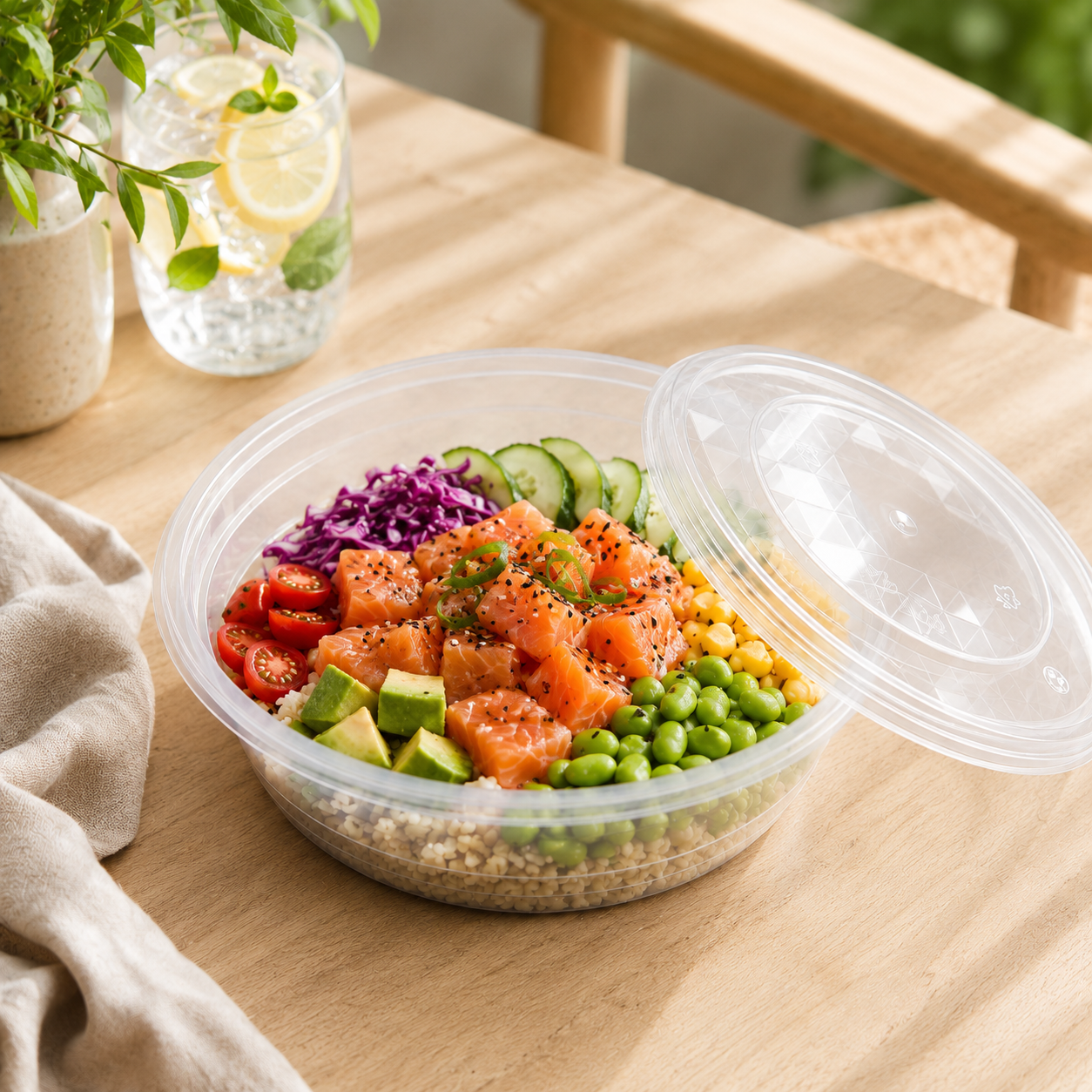 Deep PP Takeaway Food Bowl Disposable 1300ml with Clear Fitted Lid