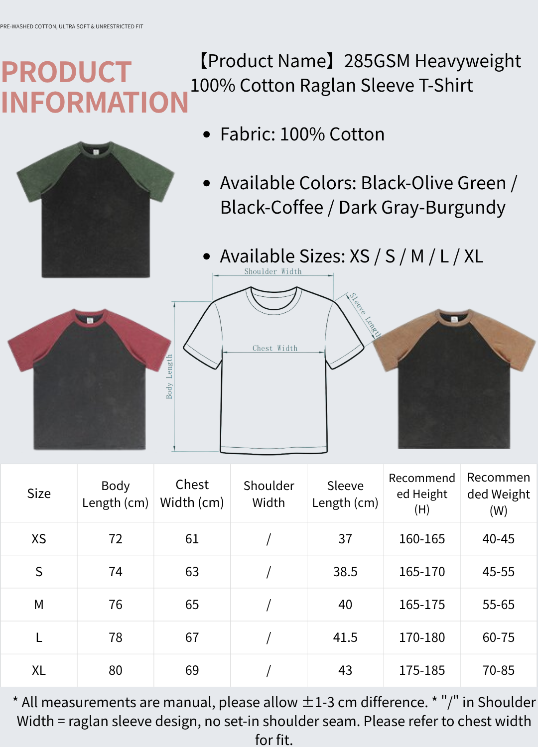 285G Heavy Cotton T Shirt Raglan Cut American Retro T Shirt Color Block