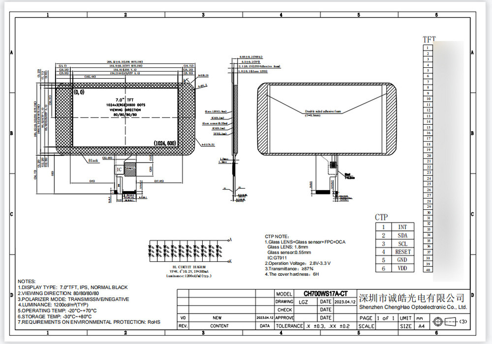 、 Дюйма 1024*600 40pin дисплея 7 LCD солнечного света интерфейса RGB читаемое