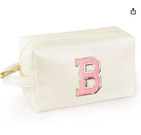 Personalized Initial Makeup Bag with Handle, Preppy Cosmetic Bag with Inner Zipper Pocket, 8 9 10 11 12 13 14 Years Old Girl, Graduation Gifts for Teen Girls Women Teachers