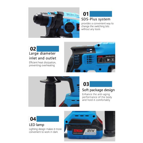 Lightweight 21V Brushless Electric Power Hammer Drill with 2pcs 4.0Ah Lithium Battery