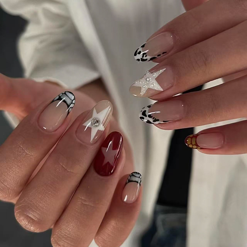 Long Almond  3D Glossy Finish French Tip False Nails Satr Design 