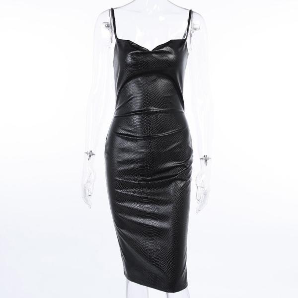 Nightclub sexy low-cut halter back slim black leather wrap suspender dress in stock