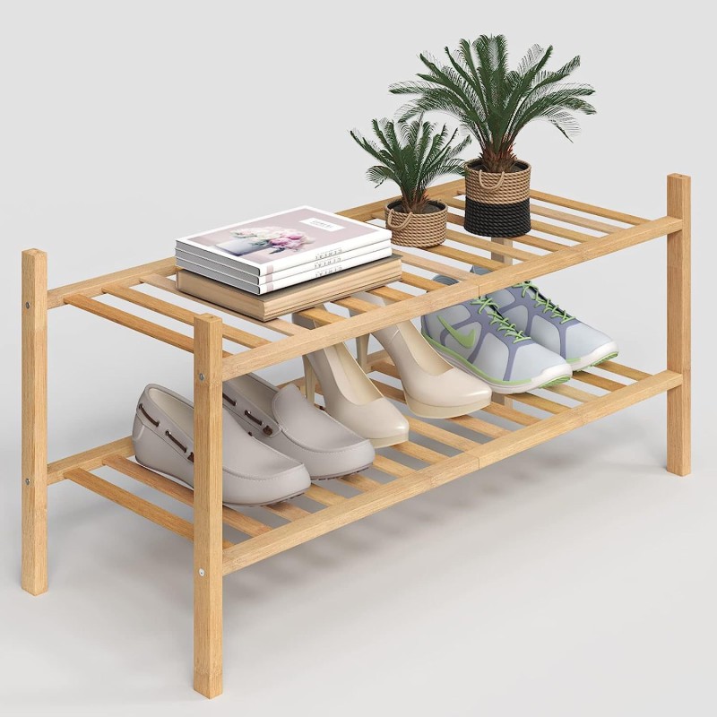 Double-Layer Bamboo Shoe Rack for Bedroom and Living Room Durable Wood Storage Rack with Balcony Flower Pot Succulent Pot Racks